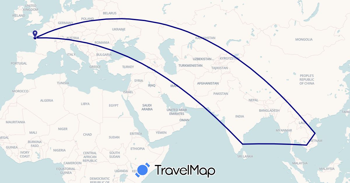 TravelMap itinerary: driving in France, India, Cambodia, Vietnam (Asia, Europe)